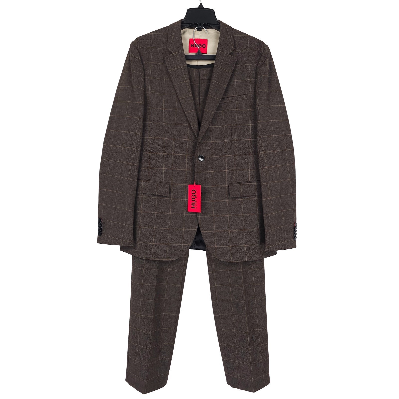 Hugo Boss Mens Modern Fit 2 Piece Suit 40l 34x32 Brown Windowpane Stretch Wool
